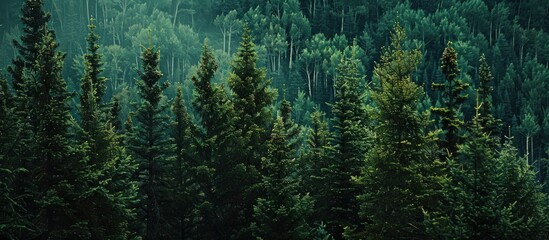 Aerial view of green forest of old spruce, fir and pine trees nature landscape. AI generated image - obrazy, fototapety, plakaty