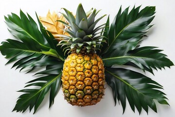 Pineapple on white background. Summer concept. Flat lay, top view, square