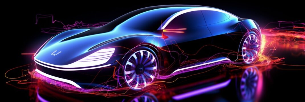 Afuturistic black electric car with holographic wireframe digital technology backdrop