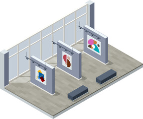 Isometric Interior of the Modern Art, an art museum. Room in museum with artworks
