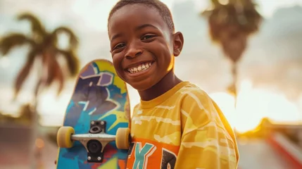 Tuinposter Young boy with a radiant smile holding a vibrant skateboard standing in front of a blurred tropical backdrop. © iuricazac