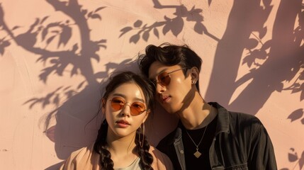 A young couple posing for a photo leaning against a pink wall with tree shadows both wearing sunglasses and casual attire exuding a relaxed and intimate vibe.