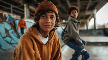 Fototapeta premium Young skateboarders posing at a skate park with graffiti-covered walls.