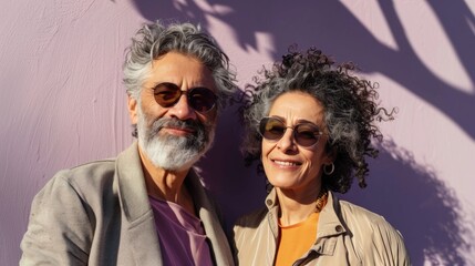 Obraz premium Two elderly individuals a man with a gray beard and sunglasses and a woman with curly gray hair and sunglasses standing side by side against a pink wall smiling and posing for a photo.