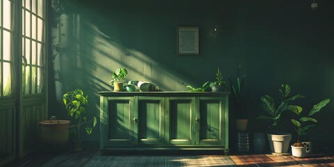 Green interior decoration, TV background wall, decorative flowers - obrazy, fototapety, plakaty