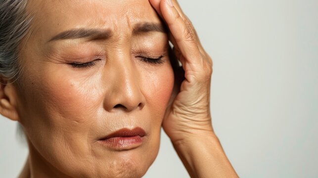 A close-up of an elderly Asian woman with closed eyes resting her head on her hand expressing a sense of weariness or contemplation.