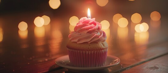 Cupcake or muffin for birthday cake with a single candle isolated on blur background. AI generated - obrazy, fototapety, plakaty