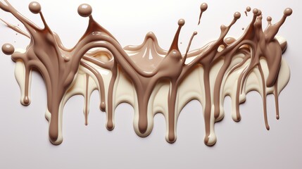 Dynamic milk and chocolate splash in artistic motion on white background, visually captivating.