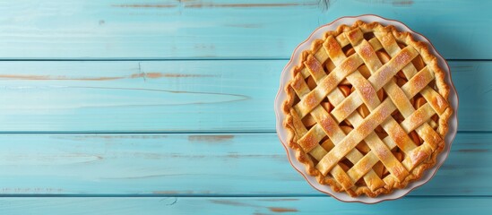 A freshly baked apple pie is displayed on a vibrant blue wooden table, showcasing the golden crust and juicy filling. The pie is the focal point, sitting perfectly in the center with a backdrop of the - obrazy, fototapety, plakaty