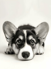 Picture of a puppy in black and white posing for camera and smiling, black and white photo of puppies, puppy photos, corgi, corgi lying down