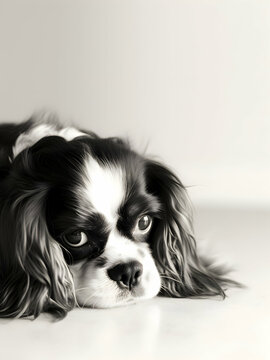 Picture of a puppy in black and white posing for camera and smiling, black and white photo of puppies, puppy photos, king charles cavalier spaniel