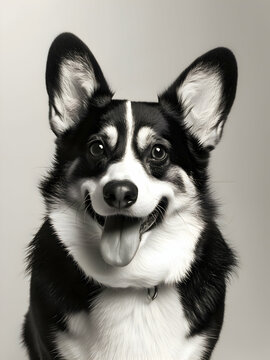 Picture of a puppy in black and white posing for camera and smiling, black and white photo of puppies, puppy photos, corgi