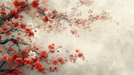 Delicate beige background decorated with hand drawn cherry blossoms. Elaborately detailed in white and light gray. Reveals a luxurious and poetic charm. - obrazy, fototapety, plakaty