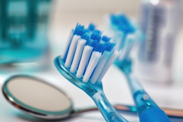 Close-up of dental hygiene tools, including a blue toothbrush and dentist mirror, in clinical setting - obrazy, fototapety, plakaty