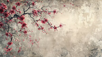 Delicate beige background decorated with hand drawn cherry blossoms. Elaborately detailed in white and light gray. Reveals a luxurious and poetic charm.