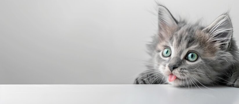 Funny gray kitten with beautiful furry hair lying on white table. AI generated image