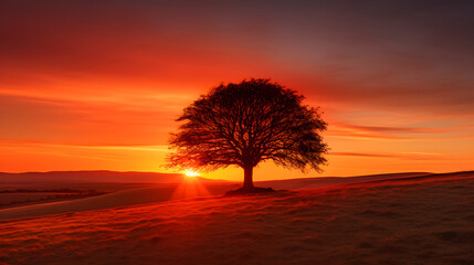 Embracing the Twilight: An Awe-Inspiring Exploration of A Solitary Tree Against a Vibrant Sunset Backdrop