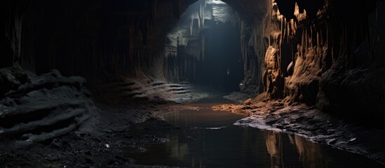 A dark tunnel leading through an underground karst hole, illuminated by a distant light at the end. The tunnel features a clay floor and water running along its walls.