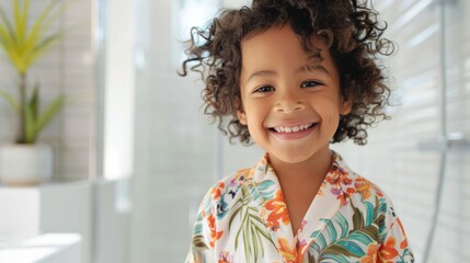 A joyful young child with curly hair wearing a colorful floral shirt smiling brightly in a bathroom setting with a potted plant in the background.
