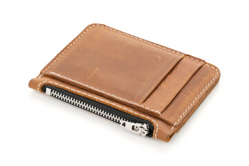Men's wallet. Brown business leather card holder isolated on white background. Leather wallet with dollars and cards.	