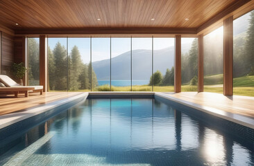 abstract swimming pool with blue water, big windows with natural view, wooden deck