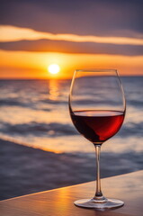 Red Wine Glass Against Ocean Sunset