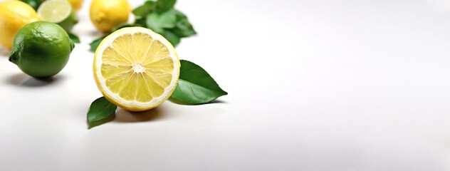 healthy food. sliced lemon with green leaf isolated on white background top view - obrazy, fototapety, plakaty