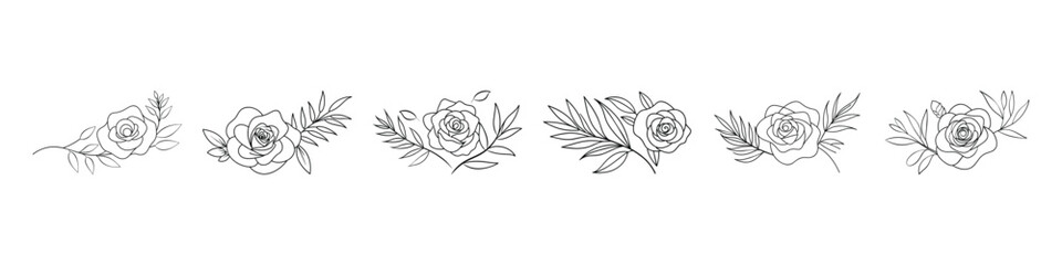 Set of hand-drawn roses., set of rose flowers, buds, leaves and stems in engraving style, Set of sketches, hand drawn rose line art. Garden rose with leaves. Hand drawn sketch. 