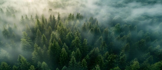 Fototapeta na wymiar Aerial perspective view of misty foggy forest with green pine trees. Wide banner.
