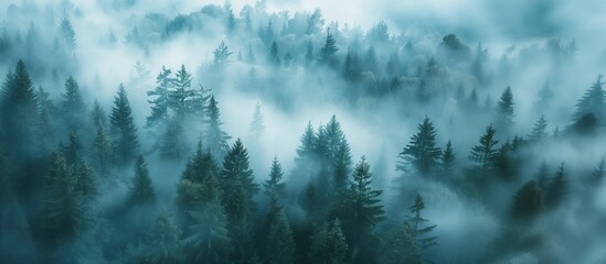 Aerial perspective view of mystical foggy forest with green pine trees. Wide banner.
