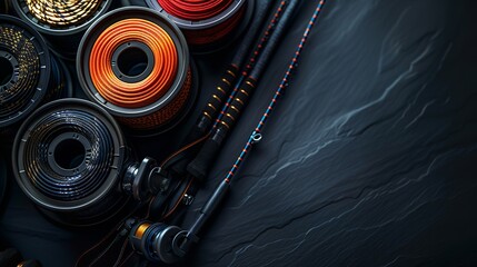 Distinct braided and monofilament fishing reel a range on a black setting and space, Generative AI. - obrazy, fototapety, plakaty