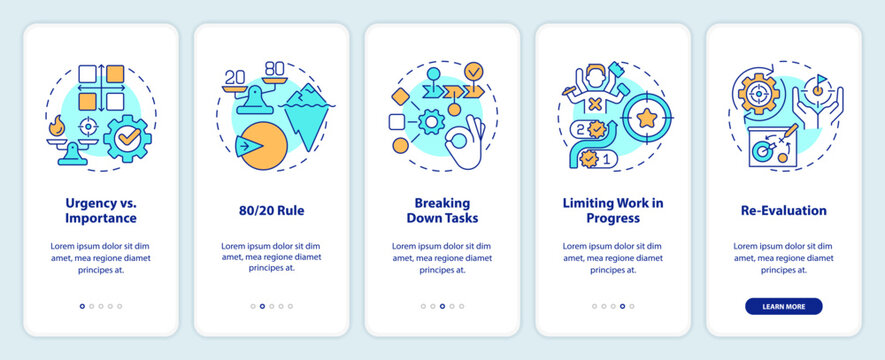 Prioritization principles onboarding mobile app screen. Walkthrough 5 steps editable graphic instructions with linear concepts. UI, UX, GUI template. Myriad Pro-Bold, Regular fonts used