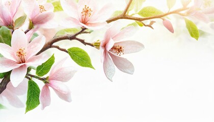  Kwitnące gałązki magnolii na białym tle. Wiosenne tło z miejscem na tekst - obrazy, fototapety, plakaty