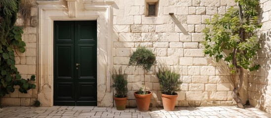 Fototapeta na wymiar The Enigmatic Green Door Amidst the Ancient Stone Walls: Mysteries Await