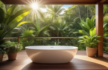 luxury contemporary bath tub on a wooden deck, outdoor house or villa terrace in tropics