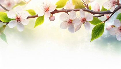 Kwitnące gałązki wiśni na białym tle. Wiosenne tło z miejscem na tekst - obrazy, fototapety, plakaty