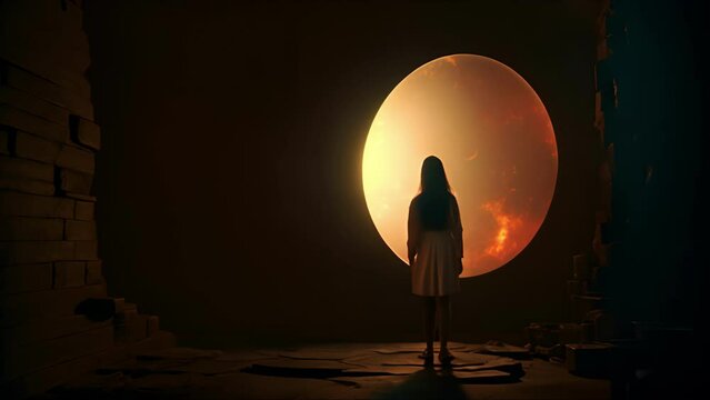 Child girl looks into a hole in a stone. The concept of consciousness, intelligence, mental health and working through childhood traumas. Ai-generated.