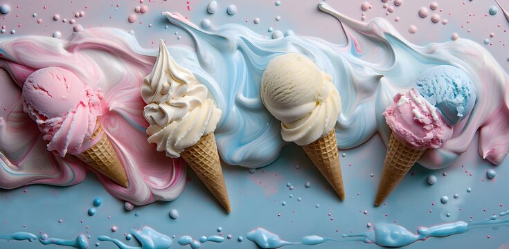 Verschiedene Kugeln Eis. Buntes Eisset in verschiedenen Geschmacksrichtungen. Draufsicht auf Eis, Eiscreme mit Minze, Konzept Eiscafe Softeis