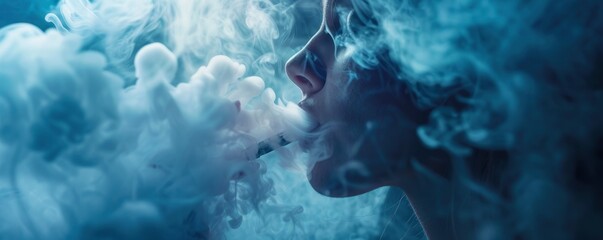 Thick smoke from vape slowly comes out of mouth, close up photo, professional photo - obrazy, fototapety, plakaty
