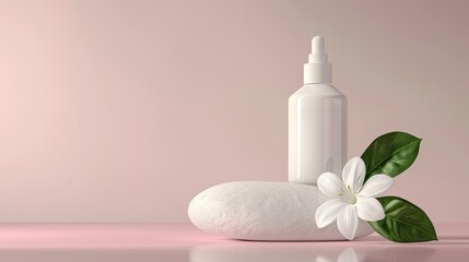 Obraz na płótnie Canvas a bottle of white face cream delicately positioned on a white rock, accompanied by a single white flower, The background a faint pink hue, gradually fading into white.