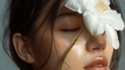 A woman with closed eyes adorned with a single white flower exuding a serene and ethereal beauty. - 747191777