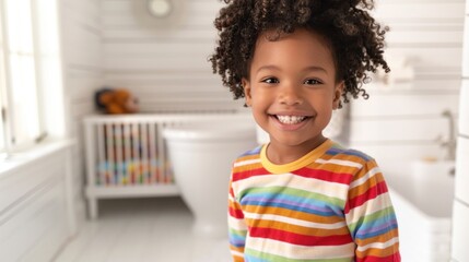 Fototapeta premium Happy child with curly hair wearing a colorful striped shirt standing in a white bathroom with a teddy bear in the background.