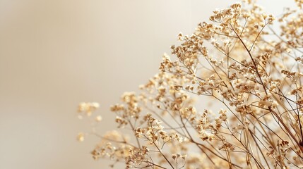 Dried meadow wild flower over a pale beige backdrop is a lovely simple fall floral card and space, Generative AI.