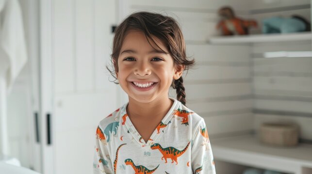 A young girl with a big smile wearing a dinosaur-themed shirt standing in a brightly lit room with white walls and a shelf in the background.