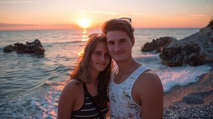 Boy and girl standing on a beach at sunset taking selfie