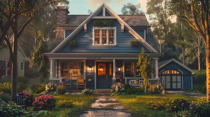 A charming craftsman house with a blue siding and a white trim, featuring a spacious garage and a front porch with rocking chairs, in the afternoon shade. - obrazy, fototapety, plakaty