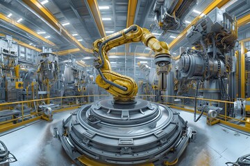 Produktionsroboter, Roboter in einer Industriehalle am Fließband, automatisierte Produktion, Konzept maschinelles Lernen und Robotik