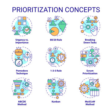 Prioritization techniques multi color concept icons. Time management. Icon pack. Vector images. Round shape illustrations for infographic, brochure, booklet, promotional material. Abstract idea