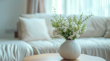 Living room interior design with white vase of blooming spring flowers on a table, Cozy sofa and greenery in natural light. Home decor inspiration or relaxation concept.