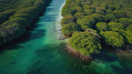 Aerial drone view of mangrove forest and sea landscape